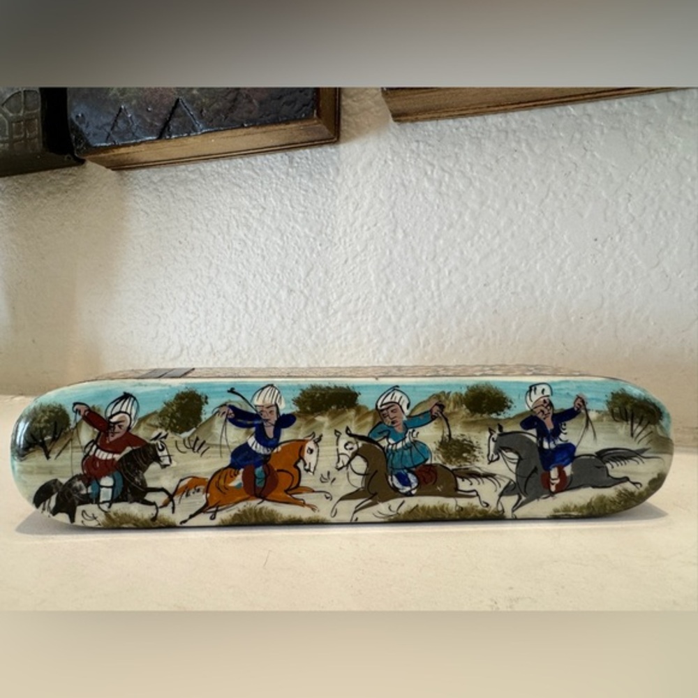 Persian khatam‎ inlay Oblong Pencil Horse Case Hunting Mosiac Esleemee Box 8x1.5